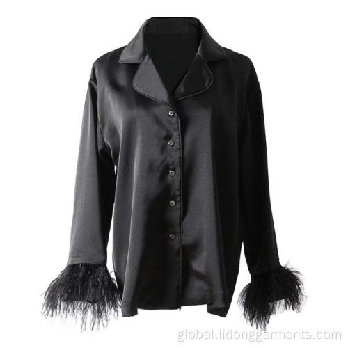 Long Sleeve Women Blouses Black Button Up Long Feather Sleeve Women Blouse Manufactory